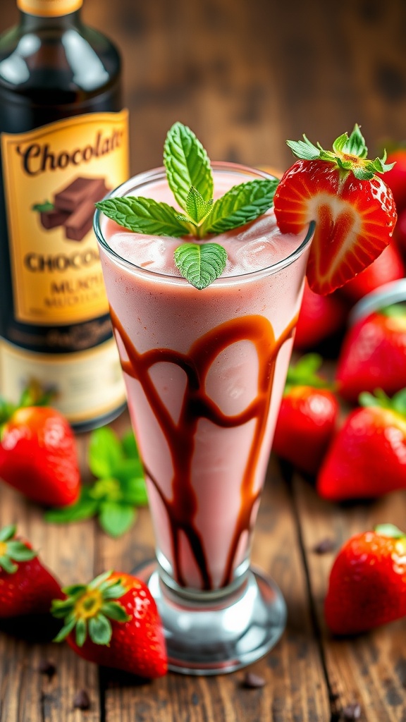 Strawberry Mudslide cocktail in a tall glass with strawberries and mint, on a rustic table.